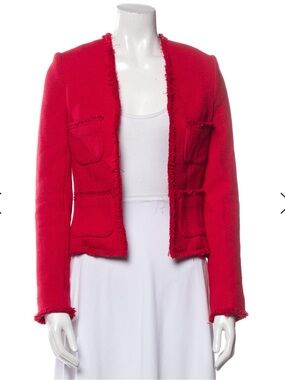L'AGENCE Red Fringe-Trim Tweed Open Blazer Sz. 0